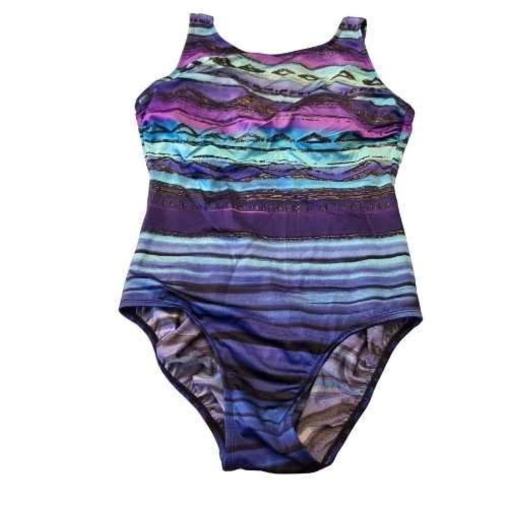 Womens Swimsuit One Piece 12 Blue Purple Stripe Abstract Print Coastal Grandma